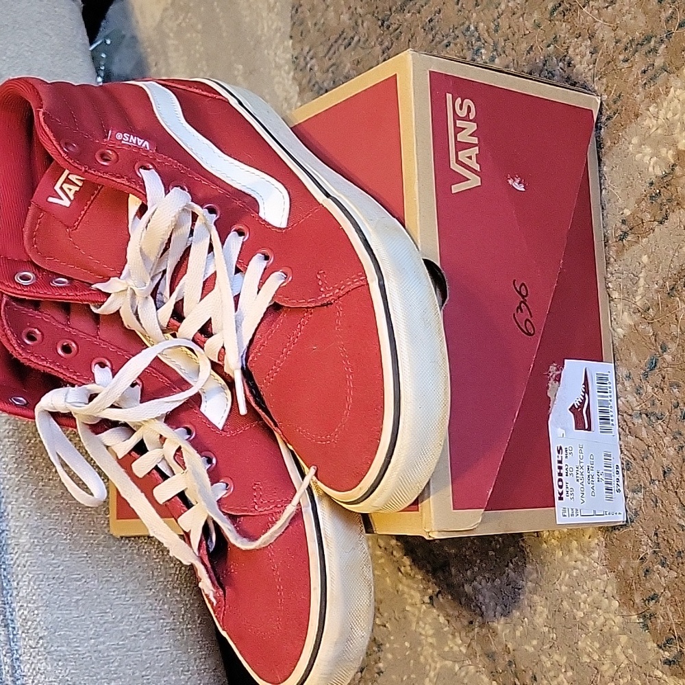 Vans Dark Red White Mens 7.5 Y7.5 Sk8-Hi High-Top Sneakers With Box EUC